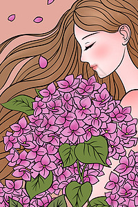线描长发女生抱着花束插画图片