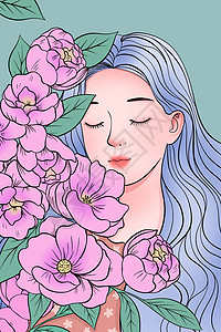 线描闭眼女生花朵插画背景图片