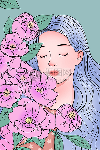 线描闭眼女生花朵插画图片