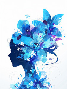 头戴很多蓝色花朵装饰的扁平风卡通女人头像图片
