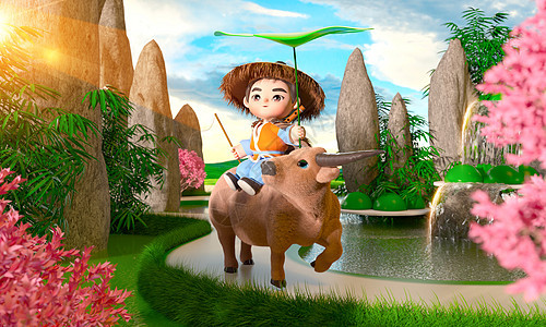 c4d立体牧童拿着荷叶骑着黄牛清明节场景3d插画图片