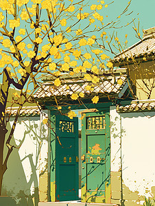 绿色大门的卡通古风建筑旁有开着黄色花朵的树与小花图片