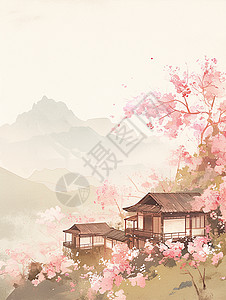 水彩风景画卡通古风小山村盛开粉色桃花树水墨风景画插画