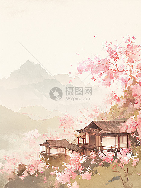 卡通古风小山村盛开粉色桃花树水墨风景画图片