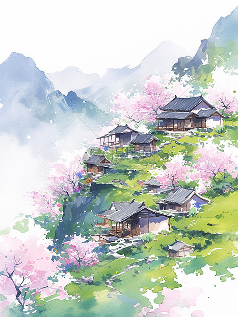 山上几座卡通古风小山村盛开桃花风景画图片