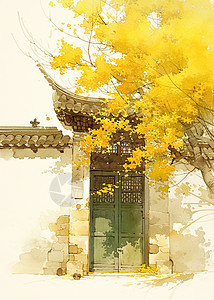 绿色大门古风老屋旁盛开着黄色小花的树图片