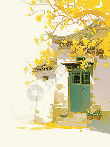 古风老屋旁盛开着黄色小花的树背景图片