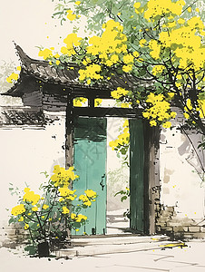 绿色大门旁盛开着黄色小花的树图片