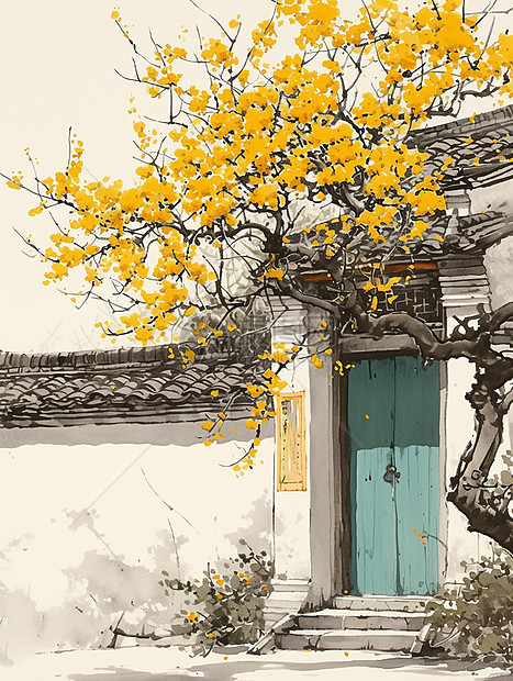 大门古风老屋旁盛开着黄色小花的树图片