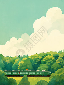在森林中行驶着一辆火车绿色调扁平风卡通风景图片