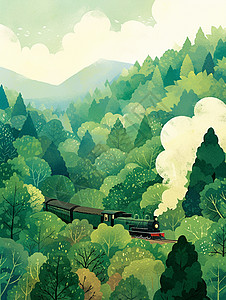 在森林中行驶着一辆火车卡通风景图片