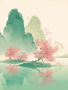 绿色山水间小岛上一棵盛开着粉色花朵的树图片
