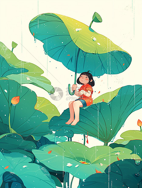坐在荷叶上打着伞欣赏雨景的卡通小女孩图片
