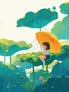雨中打着伞欣赏雨景的卡通小女孩图片