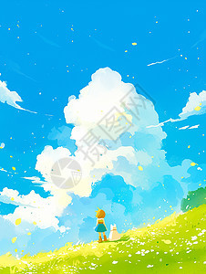 春天在蓝天白云下一个小女孩在绿色的卡通山坡上遛狗图片