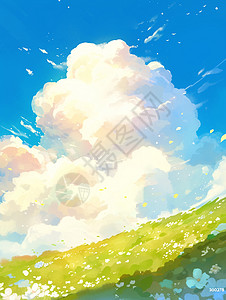 春天蓝天蓝的天空高高的云朵下一片绿色草地卡通小山坡图片
