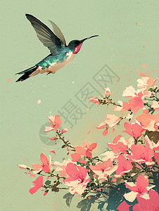 盛开的卡通桃花枝旁一只正在飞着的卡通小鸟图片
