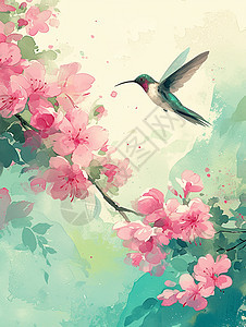 粉色盛开的卡通桃花枝旁一只正在飞着的卡通小鸟图片