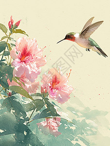 春天飞在盛开的桃花旁一只可爱的卡通小蜂鸟图片