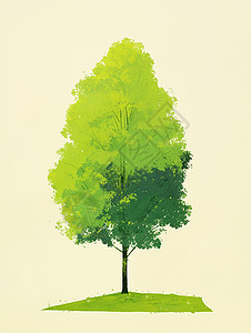 春天山坡上一棵高高的绿色卡通大树背景图片