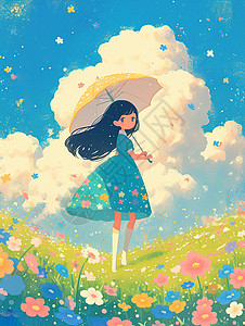 在开满小花的草地上走路欣赏风景的卡通女孩图片