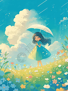 春天打着小伞在开满小花的草地上欣赏风景的卡通女孩背景图片