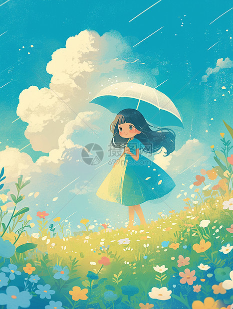 春天打着小伞在开满小花的草地上欣赏风景的卡通女孩图片