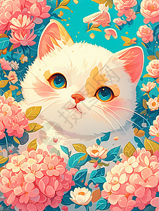 在粉色花丛中一只可爱的卡通小猫图片