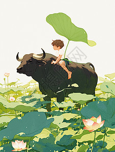 坐在大黑牛背上的卡通小牧童头顶着荷叶图片