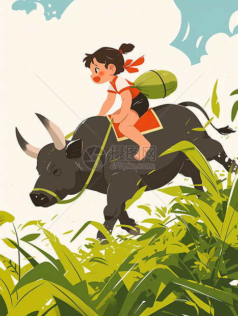清明节骑着牛的卡通小女孩图片