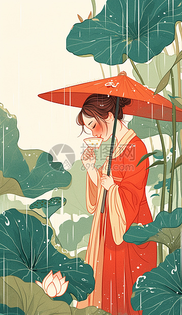 古风卡通美女雨中打着伞在荷叶旁喝茶图片