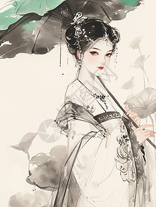 手拿着雨伞的古风装扮卡通女人水墨风插画图片