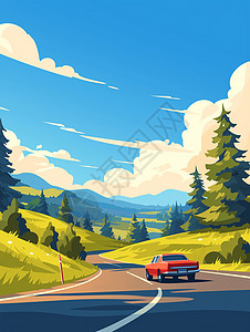 森林公路一条山间公路上行驶着小小的卡通汽车插画