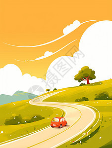 小路上行驶着一辆可爱的卡通小汽车图片