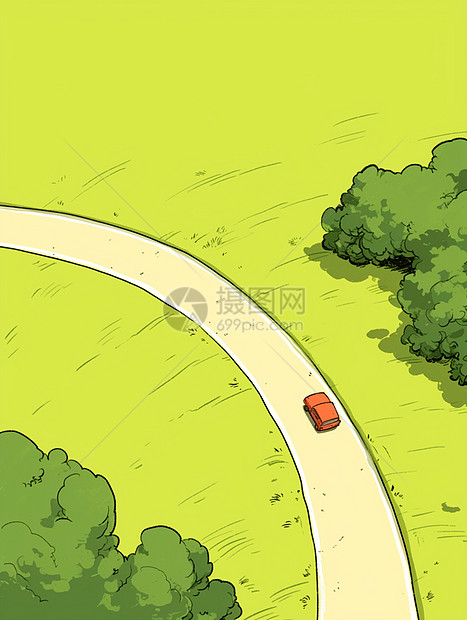 春天山中小路一辆卡通小汽车扁平风插画图片