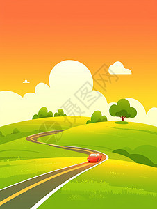春天行驶着一辆红色卡通小汽车扁平风插画图片