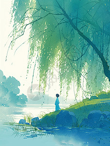 站在绿色的大柳树下欣赏美景的小小的卡通人物剪影图片