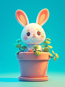 在花盆中一只可爱的卡通小白兔图片
