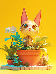 立体可爱的小花猫在花盆上图片