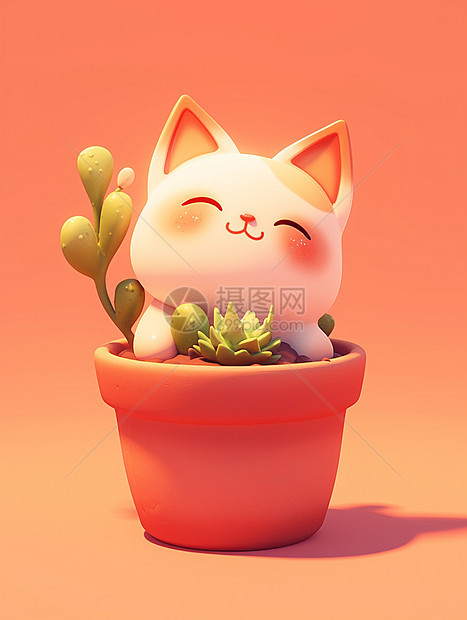 一只立体可爱的小猫在花盆上图片