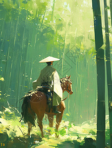 雨中骑着马走在竹林中武侠卡通人物背影图片