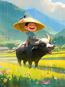 雨中清明节骑着大黑牛坐在大黑牛身上可爱的卡通小男孩图片