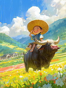 雨中清明节骑着大黑牛身上可爱的卡通小男孩图片