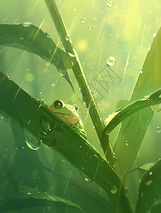 春天雨中趴在植物叶子上一直绿色可爱的卡通小青蛙图片