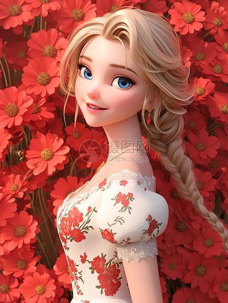 金发漂亮的卡通美女站在花丛旁图片
