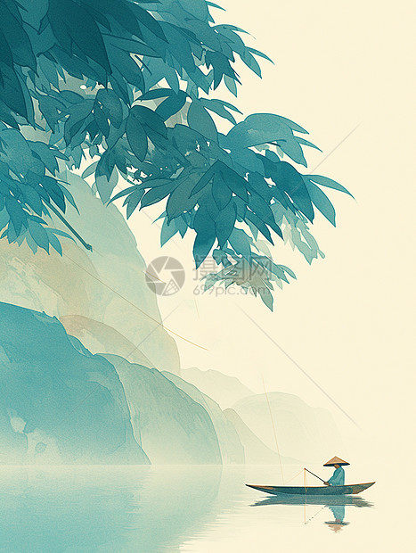 春天湖面上一个戴草帽的卡通人物在钓鱼图片