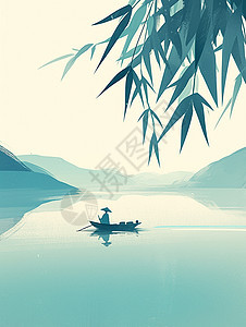 春天简约的卡通插画一个小小人物在湖面上钓鱼图片