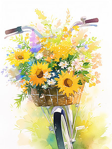自行车车筐里一束唯美的卡通花朵图片