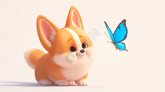 卡通可爱柯基犬在与蝴蝶玩耍图片