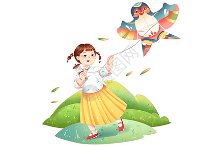 春天女孩儿童放风筝放纸鸢踏青场景图片